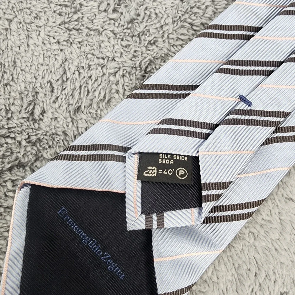 Ermenegildo Zegna Tie Mens Silk Blue‎ Brown Peach Striped Necktie Made in Italy